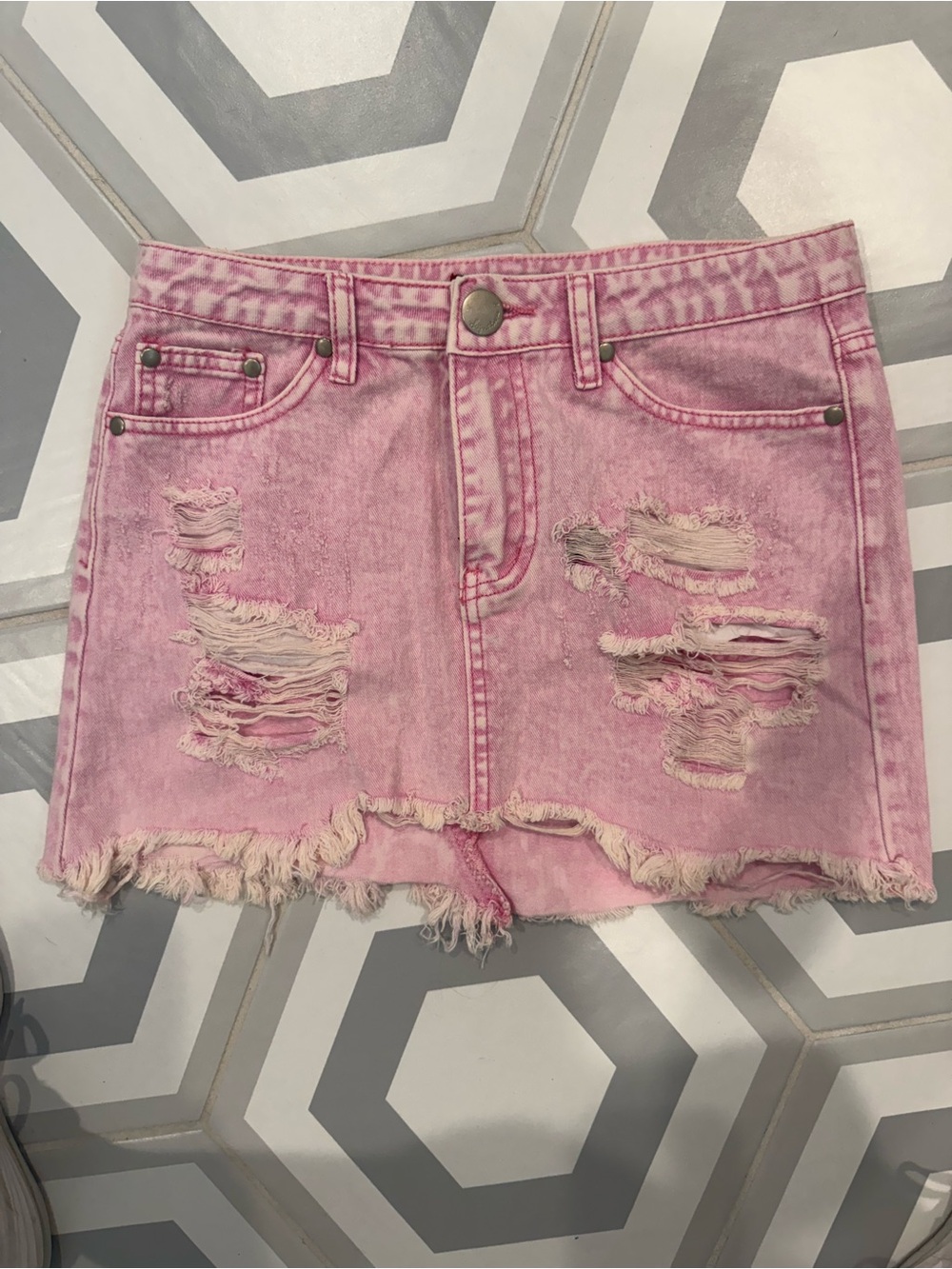 Soho Pink Distressed Denim Mini Skirt